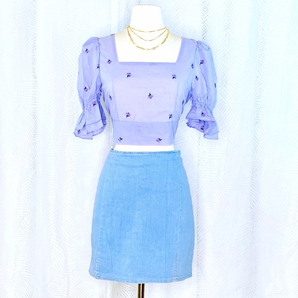 None Tops - Women Lavender Square Collar Short Sleeve Crop Top